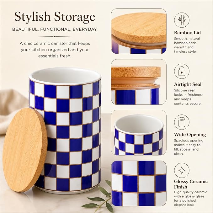 Kitchen Countertop Ceramic Checkered Canisters,Black And White Food Storage Containers With Lid,Airtight Kitchen Canisters for Flour, Sugar, Coffee, Tea, and Dry Goods (Blue, XL) - Image 4