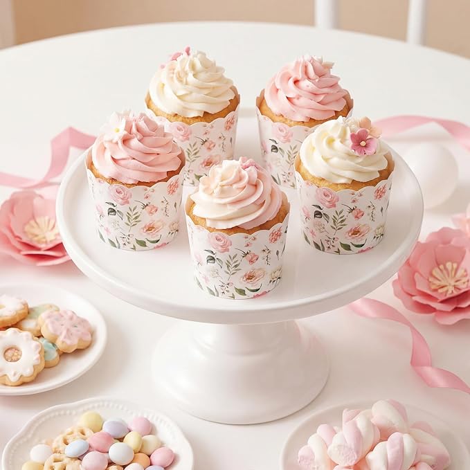 Qinyoung 150 Pcs Pink Floral Cupcake Wrappers Liners Rose Paper Baking Cups Greaseproof Disposable Scalloped Flower Cupcake Muffin Cases for Spring Summer Wedding Baby Shower Birthday Tea Party Decor - Image 4