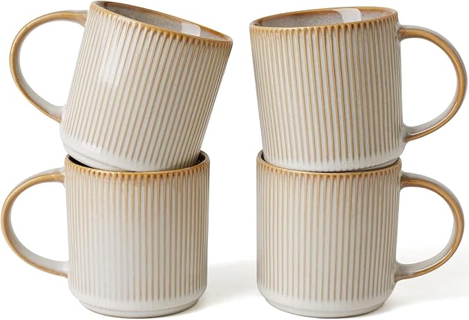 famiware Coffee Mug Set for 4, Star 12 oz Catering Mugs Cup Set with Handle for Coffee, Tea, Cocoa, Milk - Ceramic Stoneware Drinkware Set, Cappuccino White by Famiware