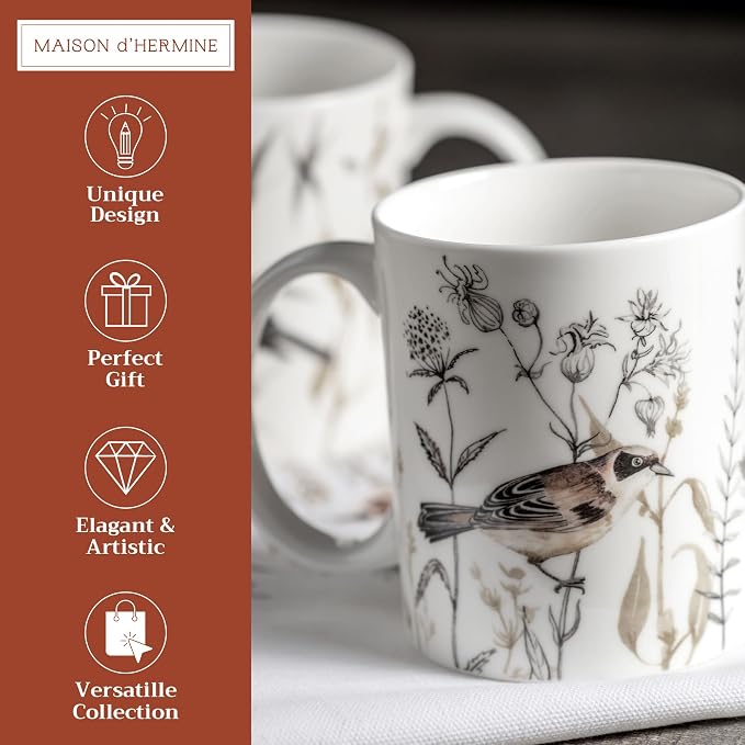 Maison d' Hermine Coffee Mug with Handles Tea Cups (15 Ounce, Pack of 2) | Fine Bone China Coffee Mugs for Hot Beverages Cappuccino Latte Home Restaurant Hotel Spring Summer -Meadow Florals - Brown - Image 2