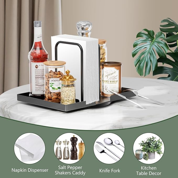 Napkin Holder for Table, Rotating Napkin Dispenser with Salt and Pepper Shakers Storage, Metal Paper Towel Holder for Table, Kitchen Countertop, Dining Table Decor Black Not Including Shakers - Image 3