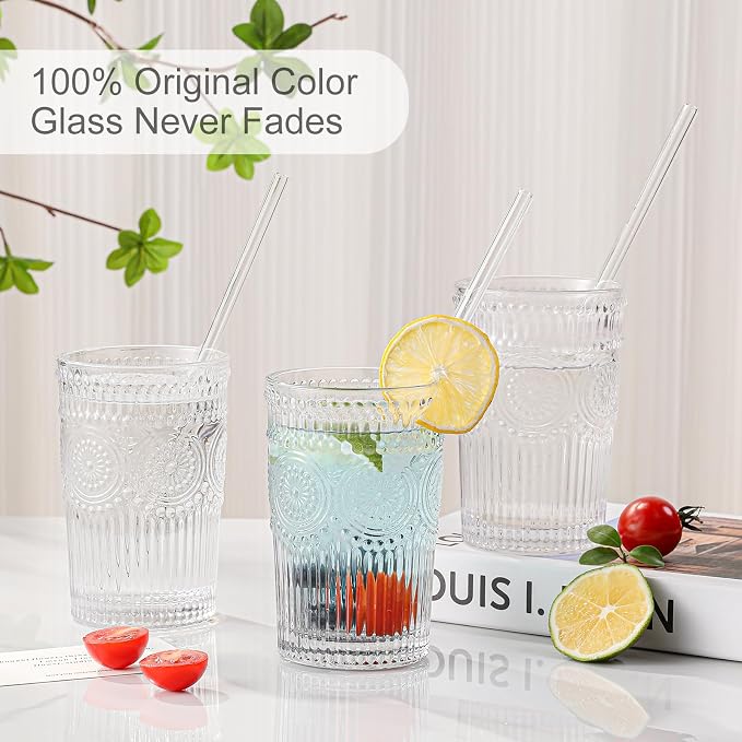 ZMOWIPDL Drinking Glasses Set of 6,13oz Flower Design Clear Glass Cups | Vintage Glassware,Textured Tumblers,Embossed Striped Drinkware for Water,Cocktails,Juice,Iced Coffee - Image 3