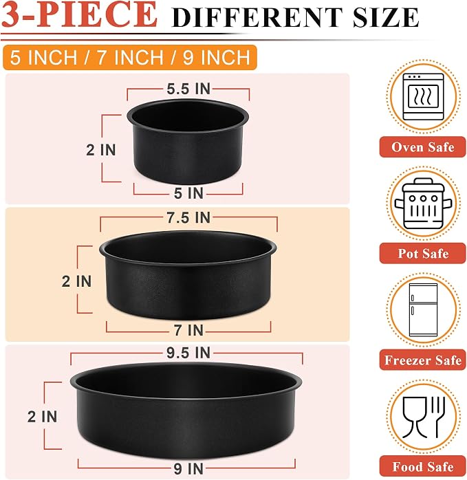 E-far Nonstick Cake Pan Set of 3, 5/7/9 Inch Stainless Steel Baking Pans Tins, Round Bakeware for Layer Cakes, Stainless Steel Core & Non-Toxic Coating, Straight Side & 2 Inch Deep - Image 2