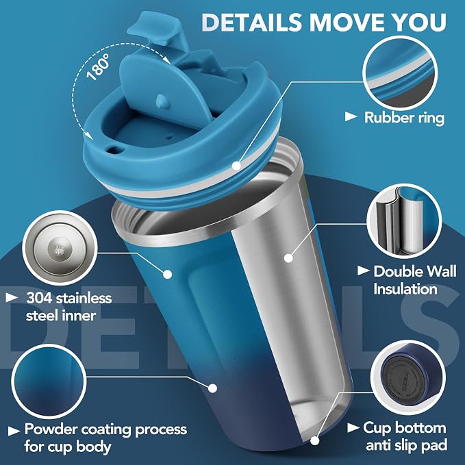 Volhoply 12 oz Double Wall Insulated Vacuum Travel Coffee Mug with Flip Lid Bulk 4 Pack,Reusable Stainless Steel Leak Proof Coffee Cups,Portable Cafe Thermal Tumbler for Cold Drinks(Assorted,4 Set) - Image 4