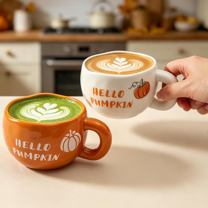 4pcs Ceramic Mugs Set, 9.4OZ Cute Coffee Cup Set, Hello Pumpkin Design, Dishwasher Safe, Gift for Fall/Halloween/Thanksgiving (Pumpkin) - Image 3