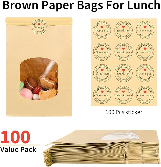 100 Pcs Bakery Bags with Window,9.6x6.1x2.8 inch Tin Tie Tab Lock Bread Storage Bags for Packaging Cookies, Loaf, Popcorn - Image 4