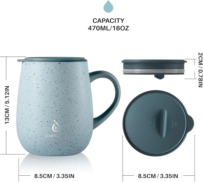 Ideus 16 oz Insulated Coffee Mug with Handle and Lid, Double Wall Stainless Steel Vacuum Thermal Coffee Mug, Travel Coffee Cup Thermal Cup for Home and Office, Eggshell Blue - Image 5