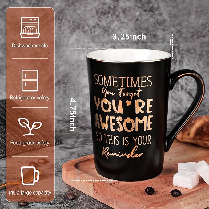 Anniversary Birthday Thank You Gifts for Men, 14oz Unique Black Ceramic Mug | Sometimes You Forget You're Awesome - Gold Print Inspirational Cup, Funny Valentines Day Presents for Boyfriend Husband Him - Image 2