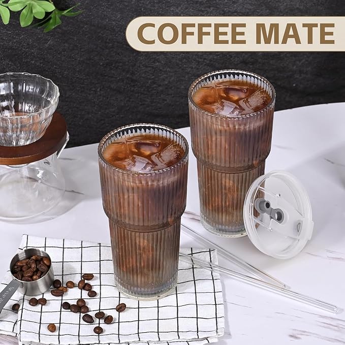 20oz Glass Cups with Lids and Straws,1PCS Ribbed Glass Tumbler with Straw and Lid,Reusable Iced Coffee Cups Drinking Glasses for Juice Whiskey Cocktail