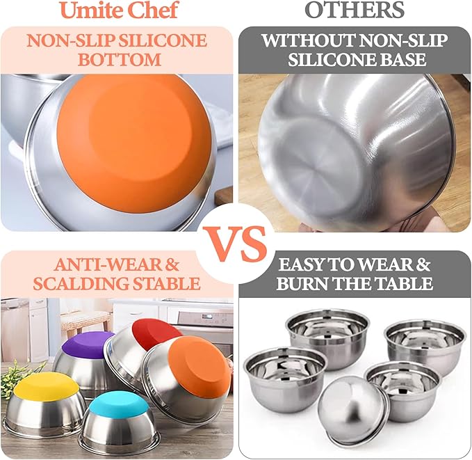 Umite Chef Mixing Bowls with Airtight Lids Set, 8PCS Stainless Steel Nesting Bowls Set, 3 Grater Attachments & Non-Slip Bottoms, Size 5, 4, 3.5, 2, 1.5QT for Baking & Mixing(Colorful) - Image 6