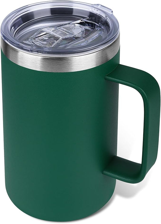 22oz Insulated Coffee Mug with Handle & Leak-Proof Lid - Double Wall Stainless Steel Travel Tumbler for Commute/Office/Home, Dark Green, 1 Pack by Unknown