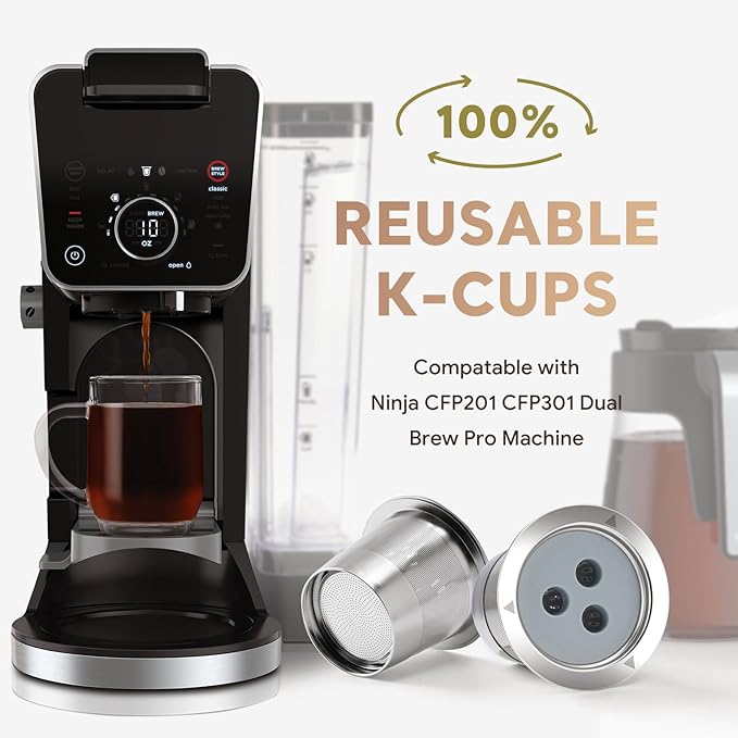 2 Pack K Cups Reusable Coffee Pods for Ninja Dual Brew Coffee Maker Stainless Steel cup Body+Plastic Cup Lid Permanent K Cups Filters Compatible with Ninja CFP201 CFP301 Dual Brew Pro Machine
