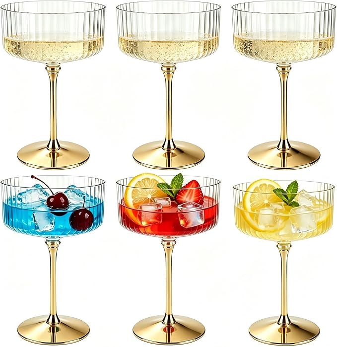 PLULON 6 Pcs Plastic Coupe Martini Glasses Cocktail Champagne Cup 10 Oz | Ribbed Transparent with Gold Stem Martini Espresso Glasses for Bar Drinking Gifts Wedding Birthday Party, Detachable Cup by PLULON