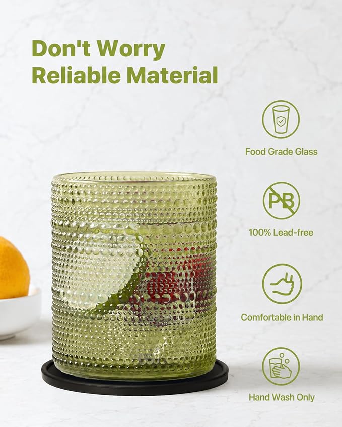 Hobnail Drinking Glasses Set of 12 with 6 Coasters, Green | 6 Highball Glasses (14.5 oz), 6 Old Fashioned Glasses (10 oz) and 6 Silicone Coasters for Water, Whiskey and Cocktails - Image 3
