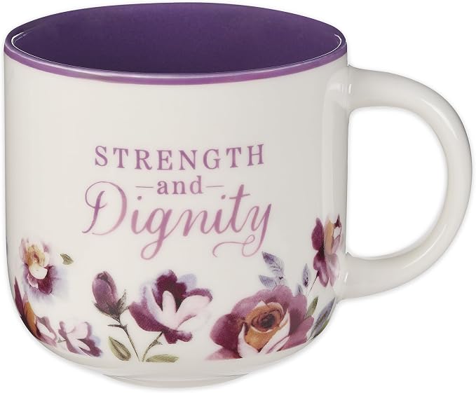 Christian Art Gifts Large Inspirational Ceramic Coffee & Tea Mug for Women: Strength & Dignity Encouraging Bible Verse, Cute Non-toxic Lead-free Novelty Beverage Cup, White & Purple Floral, 14 oz. by ChristianArtGifts
