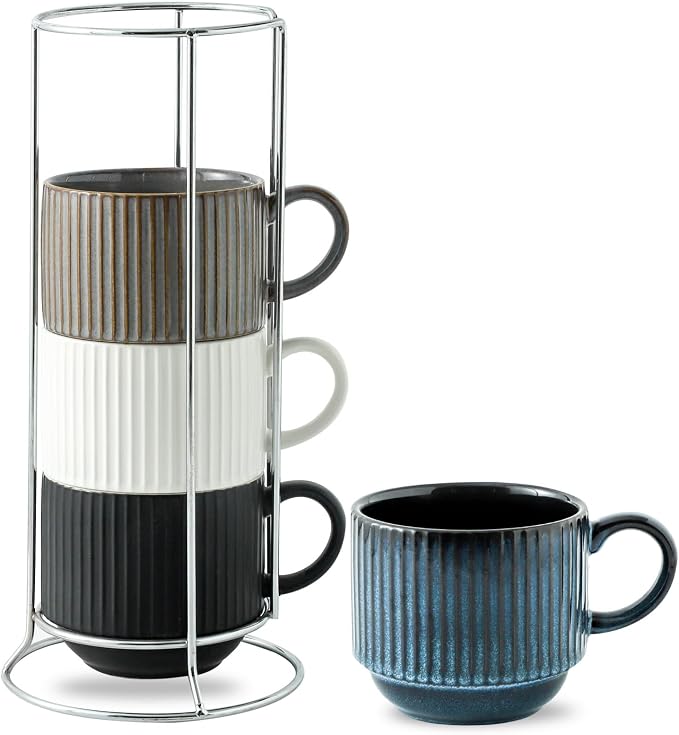 Hasense Coffee Mug Set of 4 with Holder - 15 oz Stackable Large Ceramic Ribbed Latte Cup Set for Cappuccino, Tea, Hot Cocoa, Drinks - Dishwasher & Microwave Safe Multi color by Hasense