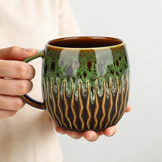 20oz Large Ceramic Coffee Mugs Unique Big Pottery Coffee Mug Microwave Safe Cool Stoneware Cups for Tea Latte Oversized Mug With Handle for Home Green Wide Clay Mugs for Men Fancy Handmade Ceramic Cup by Unknown