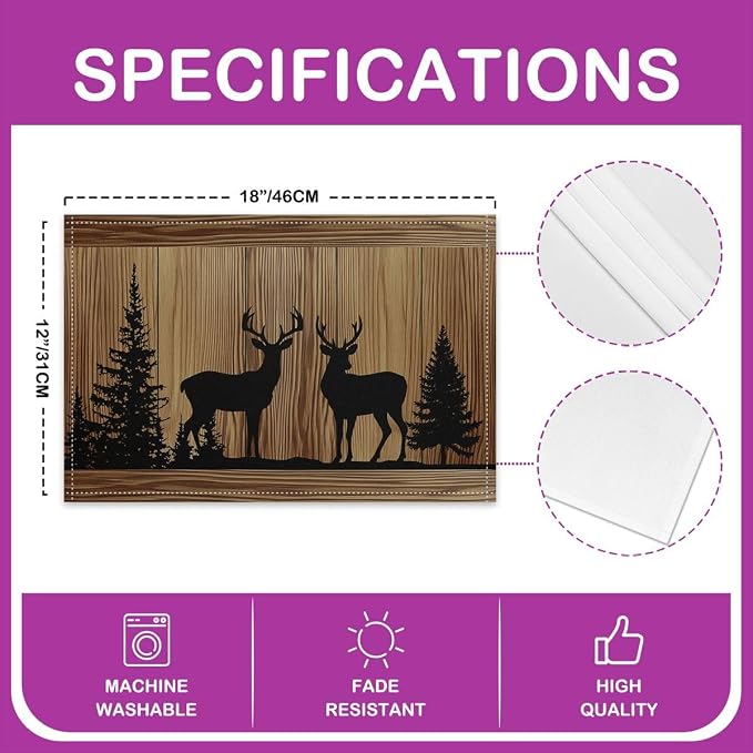 Feelyou Rustic Cabin Placemats Set of 4 Camo Hunting Deer Table Mats Farmhouse Woodland Animal Place Mat for Kitchen Dining Table Party Decor Indoor Outdoor 18"x12" Non-Slip Easy to Clean - Image 4