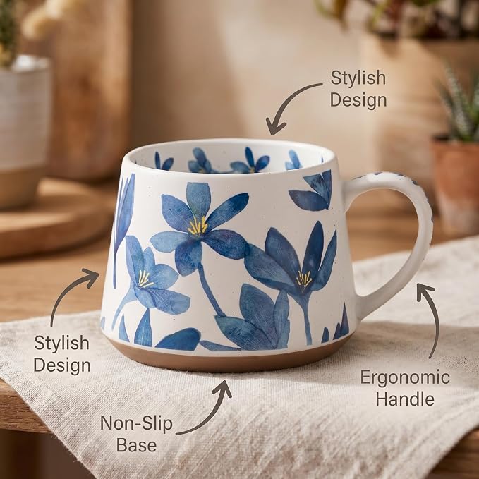 Ceramic Coffee Mug, 13oz Floral Design Pottery cute mugs, Ideal Gift for Women unique vintage pretty coffee mugs (Blue Bulky Flower Mug) - Image 5