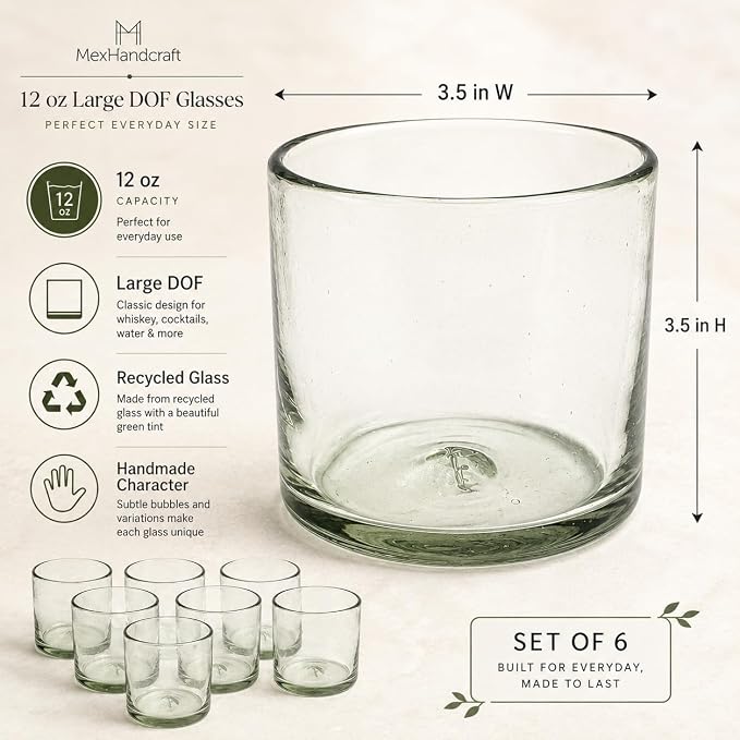 Clear 12 oz Large DOF Glasses (set of 6), Recycled Glass, Lead-free, Toxin-Free (12oz Large DOF) - Image 2