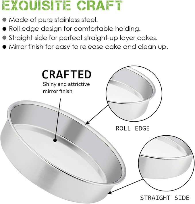 E-far 9½ Inch Cake Pan Set of 2, Stainless Steel Round Cake Baking Pans, Non-Toxic & Healthy, Mirror Finish & Dishwasher Safe - Image 3