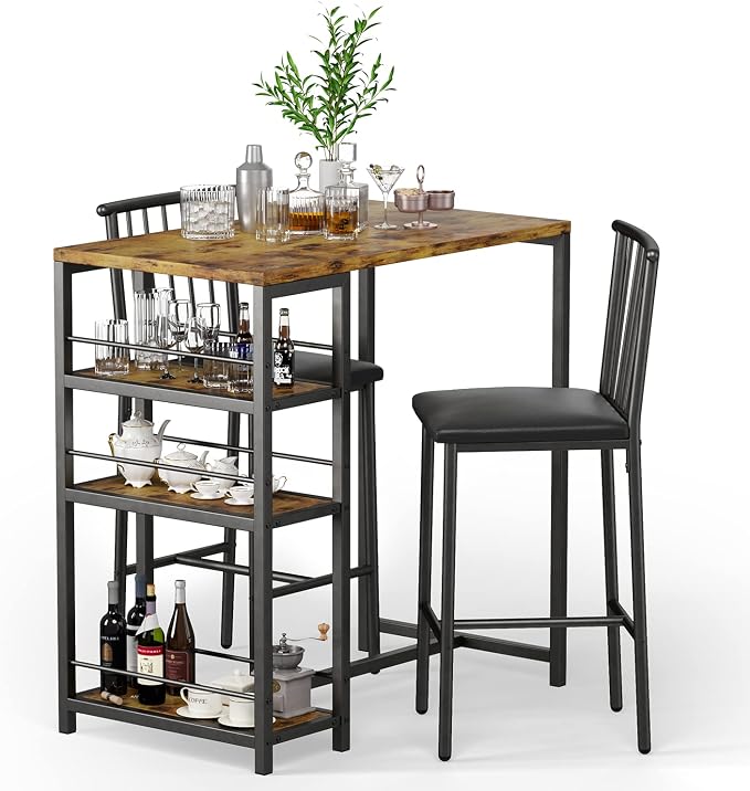Gizoon 3-Piece Bar Dining Table Set for 2, Kitchen Table w/Shelves Retro | Space-saving retro bar height table set with 3 storage shelves. Includes 2 high-density PU cushion chairs that tuck away. - Image 8