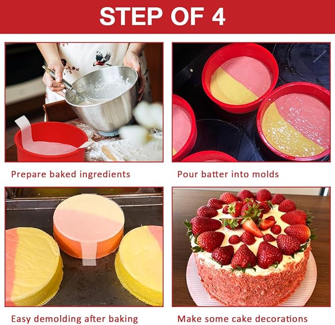 Alimat PluS 6 Inch Cake Pans Silicone, 4 Pack Round Cake Molds with 100 Pieces Parchment Paper, Small Cake Pans for Multilayer Cakes, Puddings
