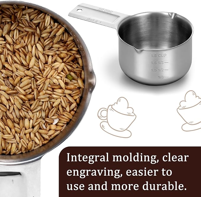 1Pcs 1-1/2Cup (360ml, 12oz) Single Measuring Cup Rice Measuring Cups Stainless Steel Measure Scoop Metal Measure Scoop Metric and US Measurement for Cooking Baking and Coffee Dishwasher Safe