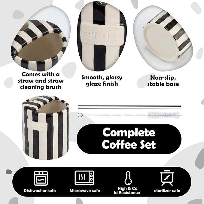 1 Pack Ceramic Coffee Mug with Sip Hole Espresso Cup 10oz with Straws Retro Hand Painted Striped Ceramic Iced Coffee Tea Travel Mug Latte Cup for Kitchen Dining (Simple,Black) - Image 3