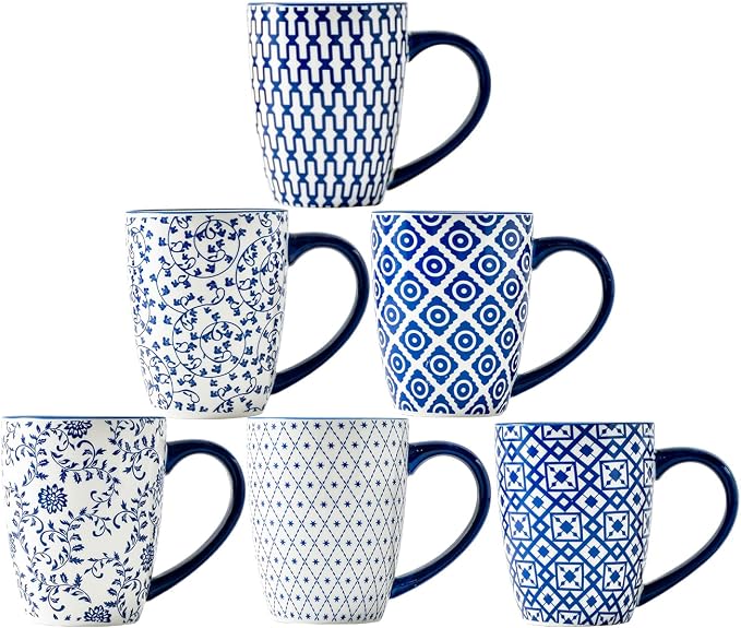 Ceramic Coffee Mugs Set - 16 Oz Large Porcelain Tea Cups with Handle for Men Women Latte Cocoa Cappuccino - Christmas Housewarming Gift - Dishwasher Safe - Set of 6 - Vintage Blue by Gibsimi