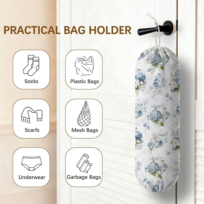 Plastic Bag Holder Dispenser, Floral Plastic Grocery Bag Organizer & Wall Mount Paper Trash Bags Saver Storage for Kitchen Home Pantry Decor, Hydrangea Floral Kitchen Decor - Image 4