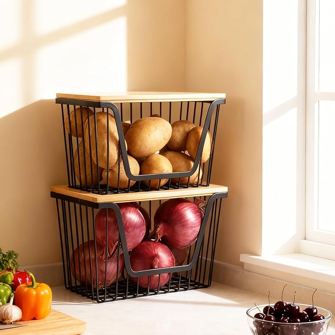 2 PACK Pantry Organizers and Storage, Stackable Onion Potato Bins | Large Wire Storage Basket, Breathable Design for Onion, Potato, Garlic, Fruit, Vegetables Fresh, Kitchen Pantry Storage - Image 2