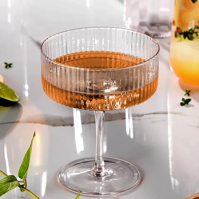 Montex Ribbed Coupe Glasses Set of 6, 10 oz Crystal Espresso Martini Glasses, Vintage Cocktail Glassware for Champagne, Margaritas, Manhattan, Home Bar & Gifts - Image 2