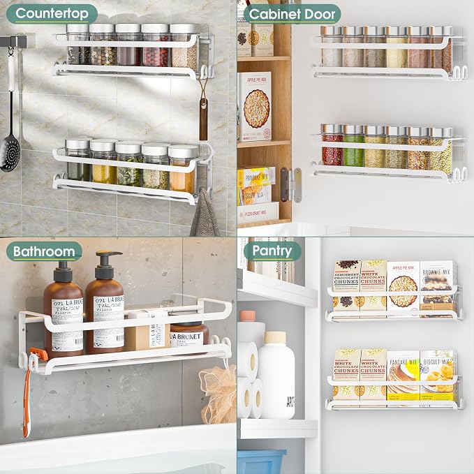 LUCYCAZ 4 Pack Wall Mounted Spice Rack for Kitchen Cabinet,RV,Camper,White | 16 Metal Hooks, Space-Saving,Screw or Adhesive Spice Shelf Hanging,for Pantry Door Spice Jars & Seasonings,11.41×2.75×2.36in - Image 8