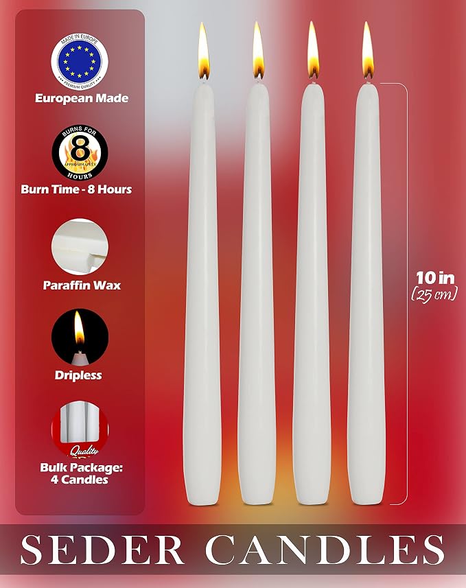 Ner Mitzvah Passover Seder Candles - 8 Hour Burn Time - European Made - Pack of 4 Taper Candles - Image 2