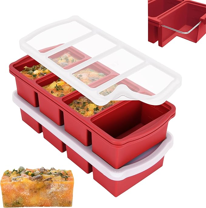 Silicone Freezer Trays with Lid,1-cup Soup Freezer Container large Ice Cube Molds with Reinforced Steel Ring Top for freezing Soup Sauce Broth Leftovers oven Dishwasher -Safe(2-Pack)