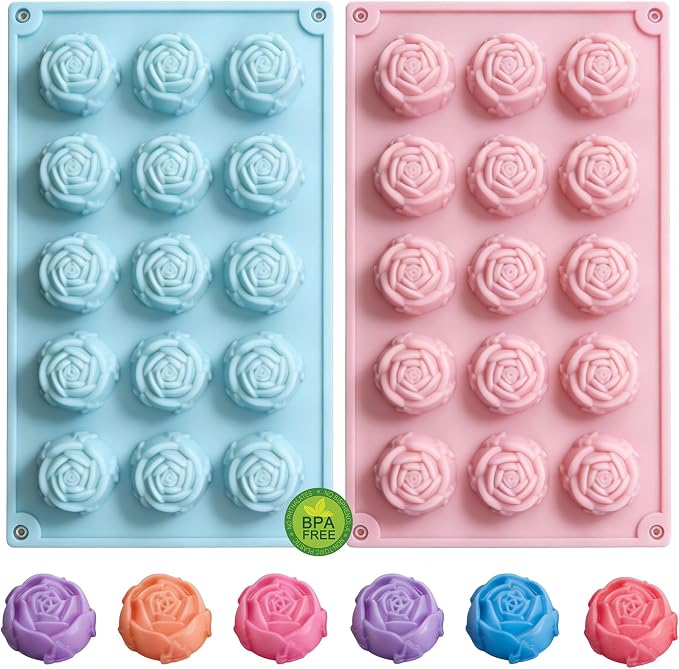 2 Pcs 15-Cavity Rose Flower Silicone Mold Non-Stick Fondant Molds for Cake Decorating Sugarcraft Candy Chocolate Ice Cube Resin Clay Kitchen Baking Tools by keliwa