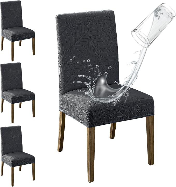 MOSAYT 100% Waterproof Dining Room Chair Covers Set of 4, Super Fit Stretch Jacquard Parson Chairs Slipcovers Removable Washable Chair Seat Protectors for Home, Kitchen, Banquet (Dark Grey - XL) by MOSAYT