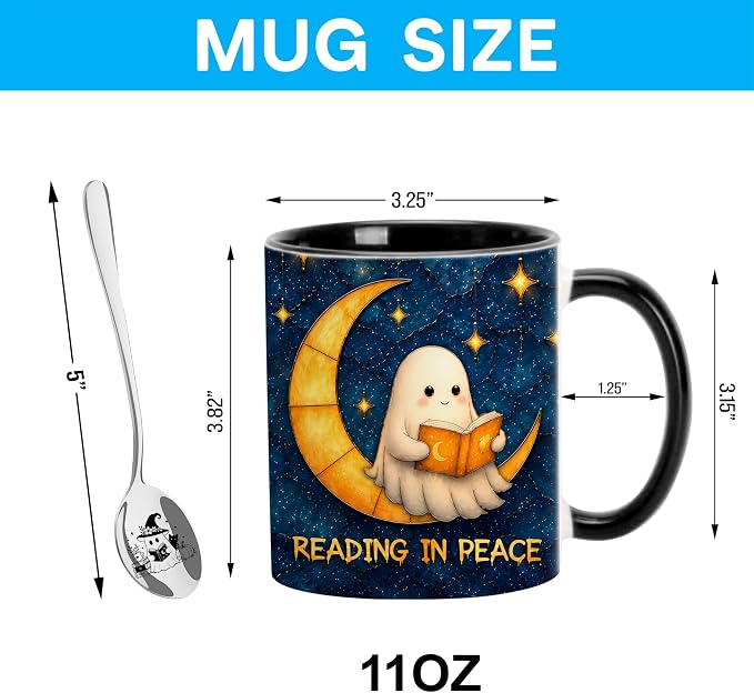 Hyturtle Cute Ghost Reading Mug with Spoon Gift for Book Lover on Halloween | Spooky Ghost Reading Themed Gifts for Readers, Halloween Decor, Double-sided print 11oz ceramic mug, Comfort grip handle - Image 4