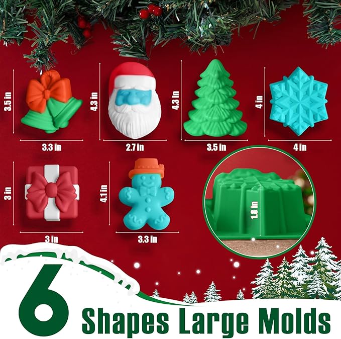 HKNMTT Large Christmas Silicone Molds for Baking Cake Muffins Oven Safe Freezing Soap Candle Cocoa Bomb Food Grade Tray, Deep Snowflake Tree Santa Gingerbread Gift Bell 6 Holiday Shapes Mould 2PCS