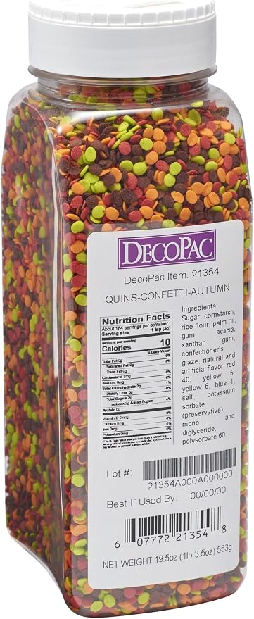 DECOPAC Autumn Thanksgiving Quins Fancy Sprinkles, 19.5oz, Candy Sprinkles in Handheld Container, Edible Sprinkles For Celebration Cakes, Cupcakes, Cookies by Decopac