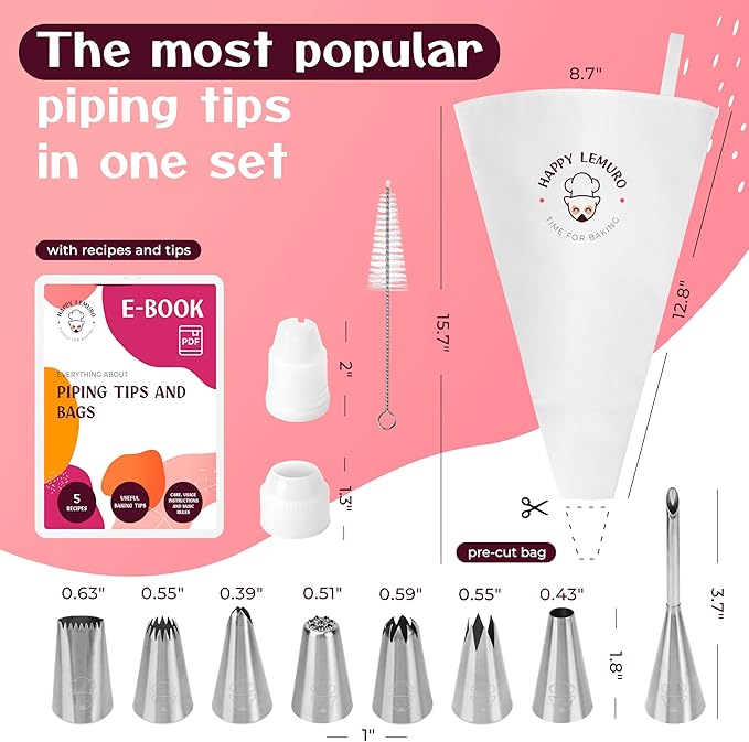 Premium Reusable Piping Bags and Tips Set - Cotton Pastry Bag 16" with 8 Large Icing Tips for Cake Decorating - Large Piping Tips Set - Dishwasher Safe