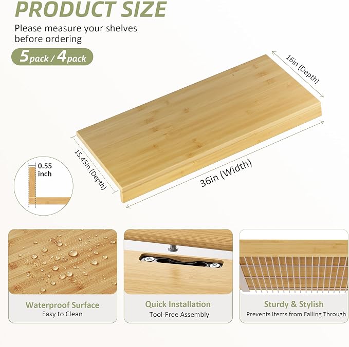Wire Shelf Covers, Bamboo Wire Rack Covers for Pantry, Closet，Kitchen (5pcs, 36" W x 16" D, Natural) - Image 2