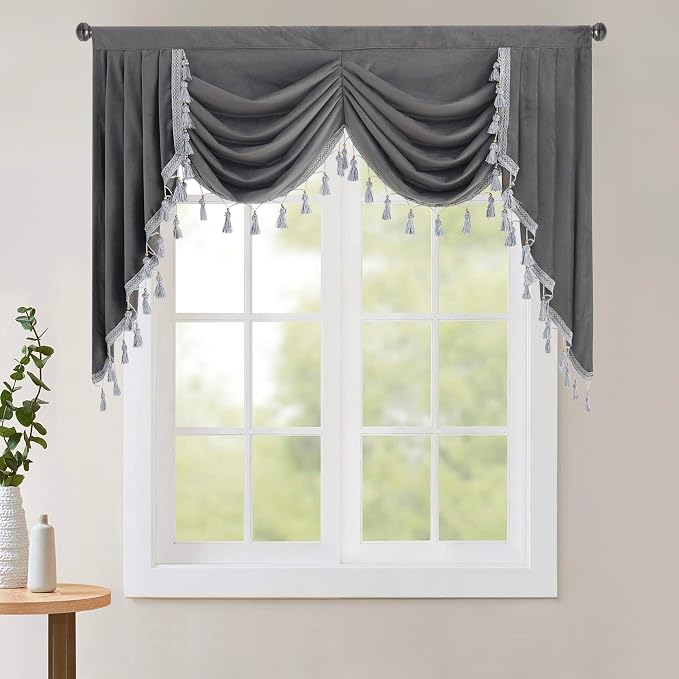 Luxury Grey Velvet Waterfall Curtain Valances W59 inches, 1 Panel | Swag Curtains for Bathroom,Dining Room, Heavy Thick Thermal Insulated Window Curtains for Bedroom, Rod Pocket by StangH