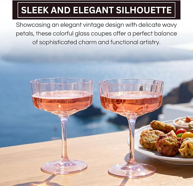 Flower Scalloped Vintage Wavy Petals Wave Glass Coupes 7oz Colorful Martini, Champagne & Cocktails, 4 Set Pink Rippled Champagne Glasses, Elegant Bar Glassware, Unique Aesthetic Coupe Glassware Gifts - Image 3