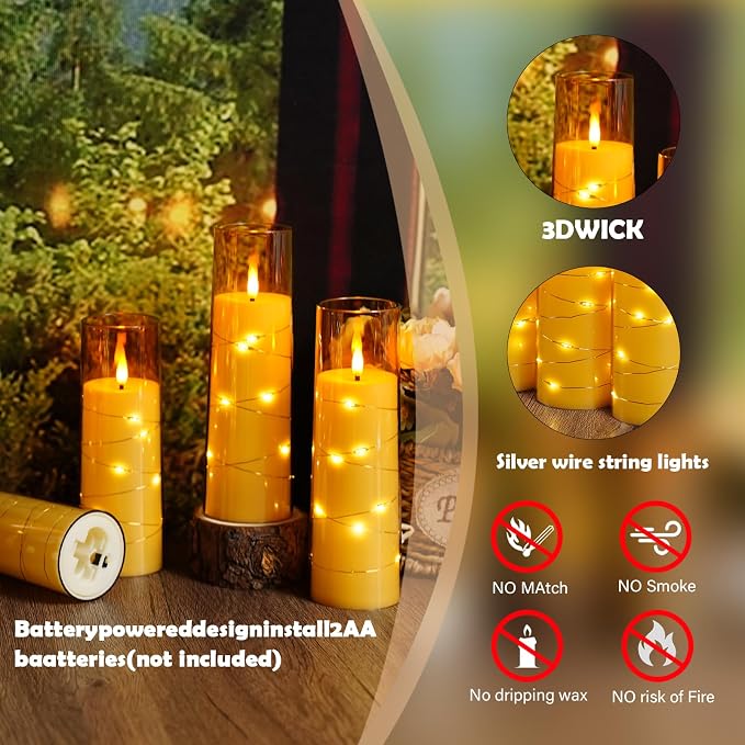 Sasigeiaa Flameless Candles with Embedded Star String - Battery Operated LED Candles, with Remote,12 Gold Flickering Candles for Christmas, Weddings, Home Decor & Party,(D 2.3"×H 5" 6" 7") - Image 4