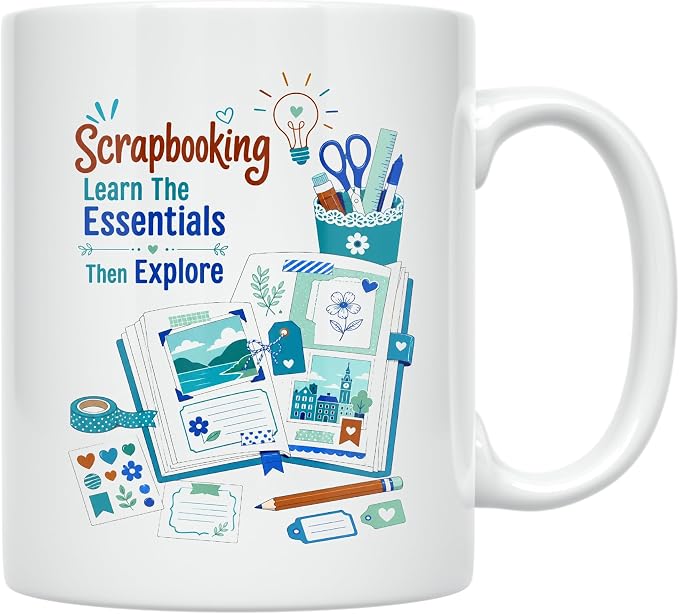 Scrapbooking Mug - Learn The Essentials Then Explore - 11 oz Ceramic | 11 oz white ceramic mug with double-sided print for charity run enthusiasts, daily coffee, and thoughtful gifting. - Image 2
