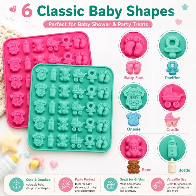 2 Pack Food Grade Silicone Chocolate Molds, Baby Onesie Foot Pacifier Cradle Bear Bottle Shapes, BPA Free Easy Demold for Candy Gummy Cake Decor Baby Shower Party - Image 4