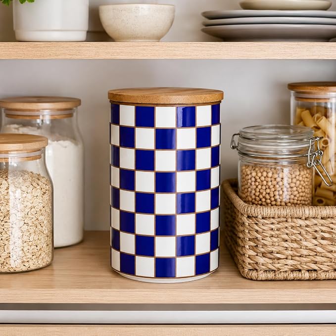 Kitchen Countertop Ceramic Checkered Canisters,Black And White Food Storage Containers With Lid,Airtight Kitchen Canisters for Flour, Sugar, Coffee, Tea, and Dry Goods (Blue, XL) - Image 5