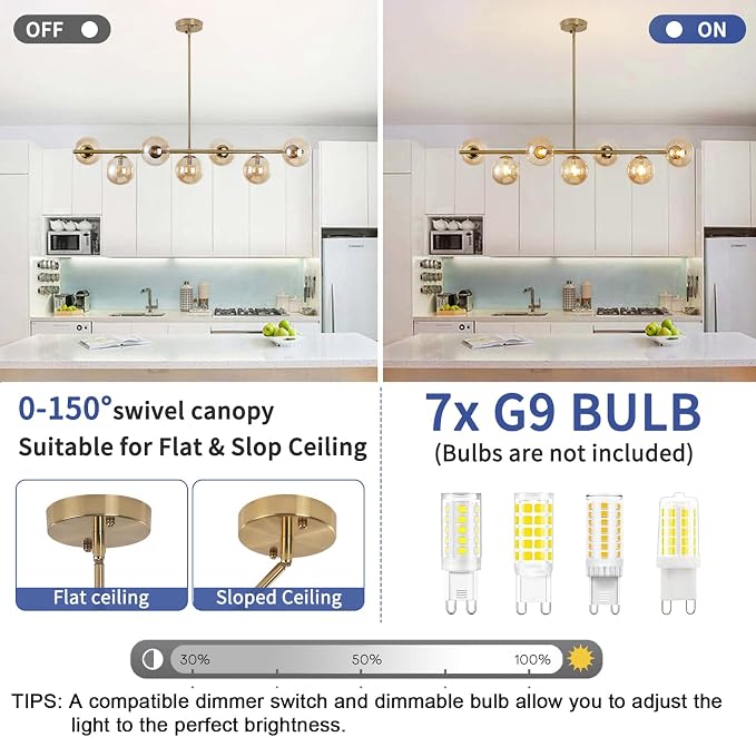 Modern Linear Sputnik Chandelier, Gold Pendant Light Fixture with 7 Amber Glass Globes for Dining Room Light Fixture, Kitchen Island Lighting, Living Room Chandelier, Bedroom, Foyer - Image 8